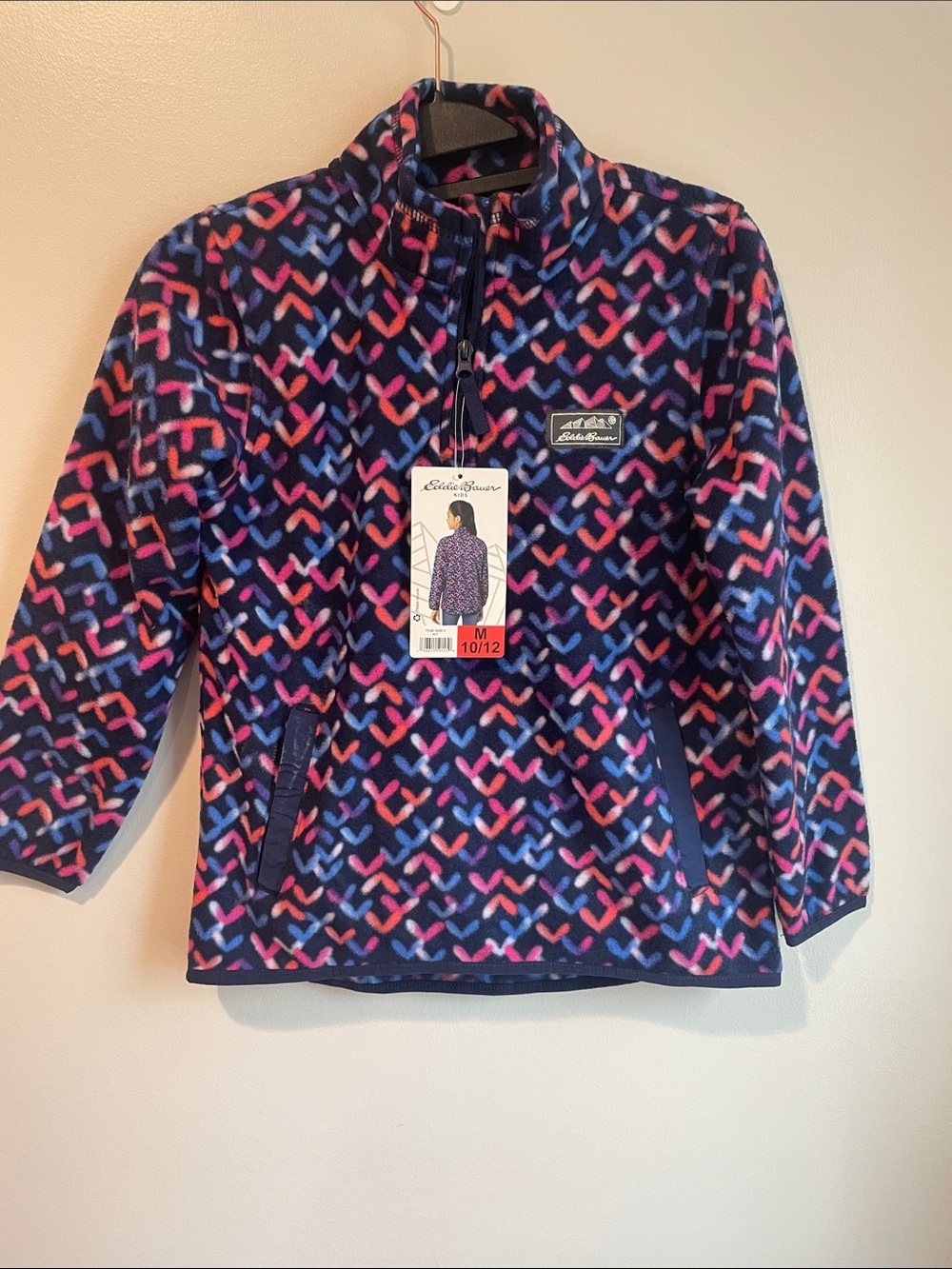 Eddie Bauer Navy Fleece Pullover with Pink & Purple Hearts NWT